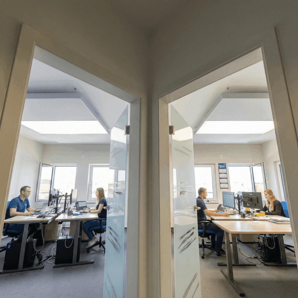 Team Funke, Klimatechnik in Wildeshausen, Tagsszene, bei der gelüftet wird. Interpanel, Klimapanel und Klimaleuchte.